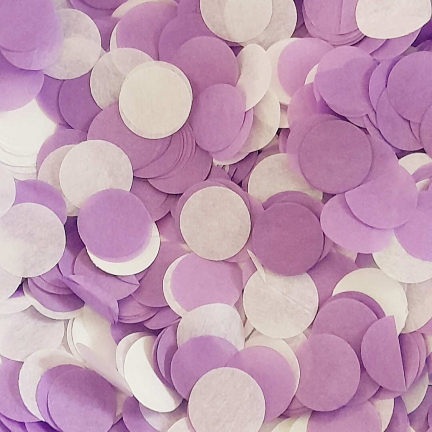 A two tone mix of Lilac Purple & White Coloured Tissue Paper Confetti Circles