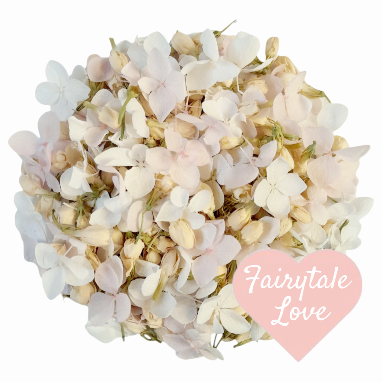 White & Pink Hydrangea Petals, Jasmine Buds.